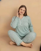 Pijamerry Kadın Büyük Beden Dantel Yaka Bambu Uzun Kol İnce Pijama Takımı 5670 - 1 Adet  Yeşil 2XL thumbnail 1