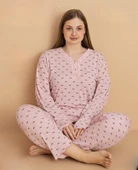 Pijamerry Kadın Büyük Beden Dantel Yaka Bambu Uzun Kol İnce Pijama Takımı 5673 - 1 Adet  Pembe 3XL - 1