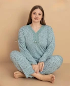 Pijamerry Kadın Büyük Beden Dantel Yaka Bambu Uzun Kol İnce Pijama Takımı 5671 - 1 Adet  4XL Yeşil - 1