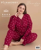 Pijamerry Kadın Büyük Beden Dantel Yaka Bambu Uzun Kol İnce Pijama Takımı 5547 - 1 Adet  Kırmızı 3XL - 3