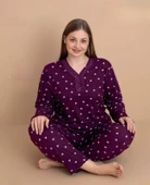 Pijamerry Kadın Büyük Beden Dantel Yaka Bambu Uzun Kol İnce Pijama Takımı 5542 - 1 Adet  4XL Mürdüm thumbnail 1