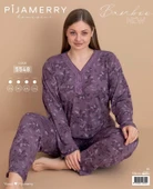 Pijamerry Kadın Büyük Beden Dantel Yaka Bambu Uzun Kol İnce Pijama Takımı 5548 - 1 Adet  4XL Mürdüm - 3