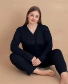 Pijamerry Kadın Büyük Beden Dantel Yaka Bambu Uzun Kol İnce Pijama Takımı 5544 - 1 Adet  Siyah 3XL - 1