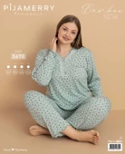 Pijamerry Kadın Büyük Beden Dantel Yaka Bambu Uzun Kol İnce Pijama Takımı 5670 - 1 Adet  Yeşil 2XL thumbnail 3