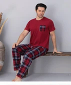 Pijamoni Erkek Bisiklet Yaka Kısa Kol İnce Pijama Takımı 6163/9 - 1 Adet  XL Bordo - 1