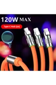 6A 120W 3 in 1 Usb to Type-C + Micro Usb + Lightning Hızlı Şarj Kablosu Silikon Kablo 1 Metre - 4