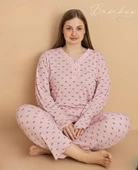 Pijamerry Kadın Büyük Beden Dantel Yaka Bambu Uzun Kol İnce Pijama Takımı 5673 - 1 Adet  Pembe 3XL - 2