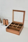 Akasya Ahşap Kapaklı 5 Bölmeli Çay Kutusu 20,5x20,5x6,5 cm Şeffaf Kapaklı Çay ve Kahve Düzenleyici Kutu - 4