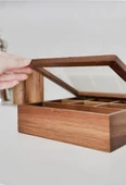 Akasya Ahşap Kapaklı 5 Bölmeli Çay Kutusu 20,5x20,5x6,5 cm Şeffaf Kapaklı Çay ve Kahve Düzenleyici Kutu - 2