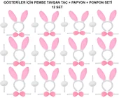 samur parti parti aksesuar & kostüm Pembe Tavşan Kostüm Seti – Taç Ponpon (12’li Paket) - 1