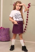 Kız Çocuk Little Yazı Baskılı T-Shirt Cep Detaylı Kemerli Bordo Deri Etekli Takım thumbnail 9