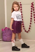 Kız Çocuk Little Yazı Baskılı T-Shirt Cep Detaylı Kemerli Bordo Deri Etekli Takım thumbnail 6