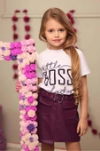 Kız Çocuk Little Yazı Baskılı T-Shirt Cep Detaylı Kemerli Bordo Deri Etekli Takım thumbnail 7