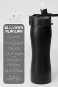 Komple Paslanmaz Çelik Matara Pipetli Mat Renk Spor Matarası Suluğu 304 Çelik Suluk Siyah 1158 - 2