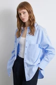 Omuzda Boncuk Detaylı Oversize Gömlek Mavi - 2