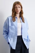 Omuzda Boncuk Detaylı Oversize Gömlek Mavi - 1