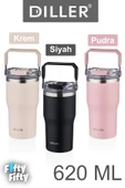 DILLER 620 ML Tek Kapak Çift Kullanım Pipetli/Pipetsiz Taşıma Kulplu Mug/Çelik Termos-FFDILLERD9168 - 9