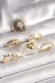 Pirinç Gold Renk Beyaz Gül Figür Kalp İşlemeli Sarmal Detay 6'Lı Kadın Yüzük Seti - TJ-BYK3639 - 1