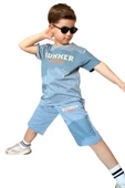 Erkek Çocuk Summer Yazı Baskılı  Cep ve İp Detaylı Mavi Şortlu Takım thumbnail 6