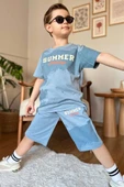 Erkek Çocuk Summer Yazı Baskılı  Cep ve İp Detaylı Mavi Şortlu Takım thumbnail 2