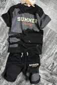 Erkek Çocuk Summer Yazı Baskılı  Cep ve İp Detaylı Siyah Şortlu Takım thumbnail 8