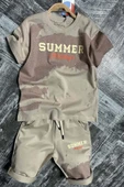 Erkek Çocuk Summer Yazı Baskılı  Cep ve İp Detaylı Bej Şortlu Takım - 1
