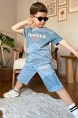Erkek Çocuk Summer Yazı Baskılı  Cep ve İp Detaylı Mavi Şortlu Takım thumbnail 3