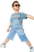 Erkek Çocuk Summer Yazı Baskılı  Cep ve İp Detaylı Mavi Şortlu Takım thumbnail 5