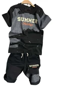 Erkek Çocuk Summer Yazı Baskılı  Cep ve İp Detaylı Siyah Şortlu Takım - 5