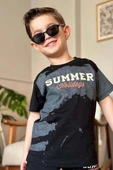 Erkek Çocuk Summer Yazı Baskılı  Cep ve İp Detaylı Siyah Şortlu Takım - 3