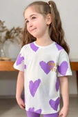 Kız Çocuk Üzeri Kalp Desen ve Paris Yazı Baskılı Kapri Lila Taytlı Takım thumbnail 5