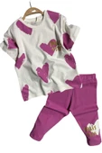 Kız Çocuk Üzeri Kalp Desen ve Paris Yazı Baskılı Kapri Mor Taytlı Takım thumbnail 7