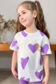 Kız Çocuk Üzeri Kalp Desen ve Paris Yazı Baskılı Kapri Lila Taytlı Takım thumbnail 10