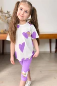 Kız Çocuk Üzeri Kalp Desen ve Paris Yazı Baskılı Kapri Lila Taytlı Takım thumbnail 9