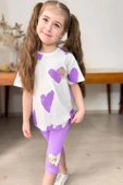 Kız Çocuk Üzeri Kalp Desen ve Paris Yazı Baskılı Kapri Lila Taytlı Takım thumbnail 4