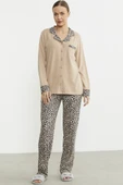 Leopar Kombinli Gömlek Pijama Takım - Bej - 2