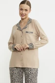 Leopar Kombinli Gömlek Pijama Takım - Bej - 1