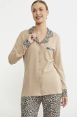 Leopar Kombinli Gömlek Pijama Takım - Bej - 3