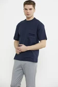 Bisiklet Yaka Oversize Pamuk Tişört - Lacivert thumbnail 4