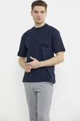 Bisiklet Yaka Oversize Pamuk Tişört - Lacivert thumbnail 3