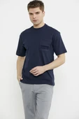 Bisiklet Yaka Oversize Pamuk Tişört - Lacivert thumbnail 5