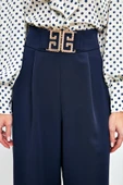 Bel Aksesuarlı Bol Paça Pantolon - Lacivert - 4