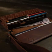 Hasır Örgülü Şık ve Fonksiyonel Hakiki Deri Cüzdan ve Kartlık Universal Telefon Kılıfı - 7