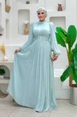Balon Kol Pileli Abiye Elbise 7013 Mint thumbnail 1
