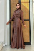 Taş Detaylı Kemer Aksesuarlı Saten Abiye Elbise 5002 Kahverengi thumbnail 2