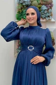 Balon Kol Pileli Abiye Elbise 7013 Lacivert thumbnail 4