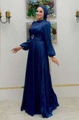 Balon Kol Pileli Abiye Elbise 7013 Lacivert thumbnail 3