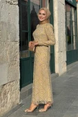 Dal Desenli Simli Tül Büyük Beden Abiye Elbise 1140-1 Gold thumbnail 3
