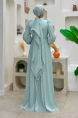 Balon Kol Pileli Abiye Elbise 7013 Mint thumbnail 2