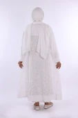 Yakalı Dantel Güpür Detay Abaya 7830 Ekru thumbnail 2